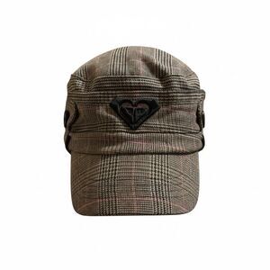 Vintage Roxy Y2K Plaid Newsboy Cap Hat Houndstooth Brown Pink Military Cadet